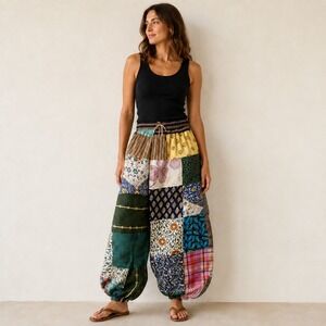 Multicolor Patchwork Harem Pants Boho Elastic Waist Tapered Balloon Trousers